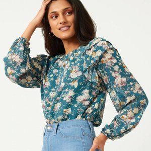 Ladies Teal & Purple Floral Ruffle Blouse - FINAL CLEARANCE